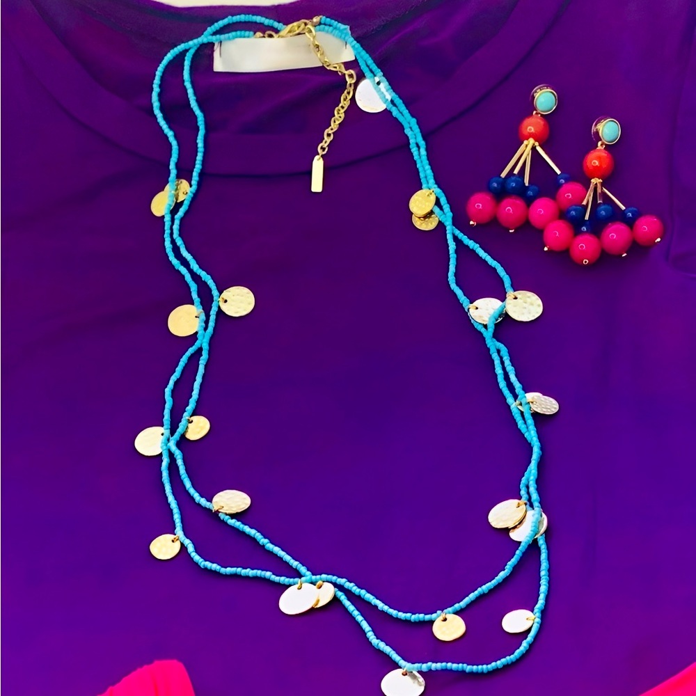 BAUBLEBAR Sugarfix Turquoise Blue Seed Bead & Gold Disc Necklace 31” EXTRA LONG